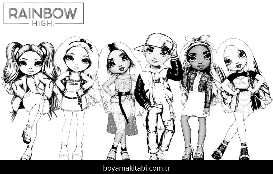 Rainbow High boyama sayfası – basit çizim, kolay boyama