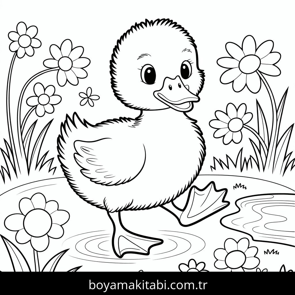 Ördek boyama sayfası – PDF indir, sevimli karakter
