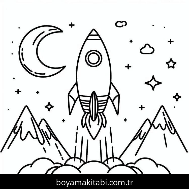 Roket boyama sayfası – eğlenceli etkinlik, el becerilerini geliştirir