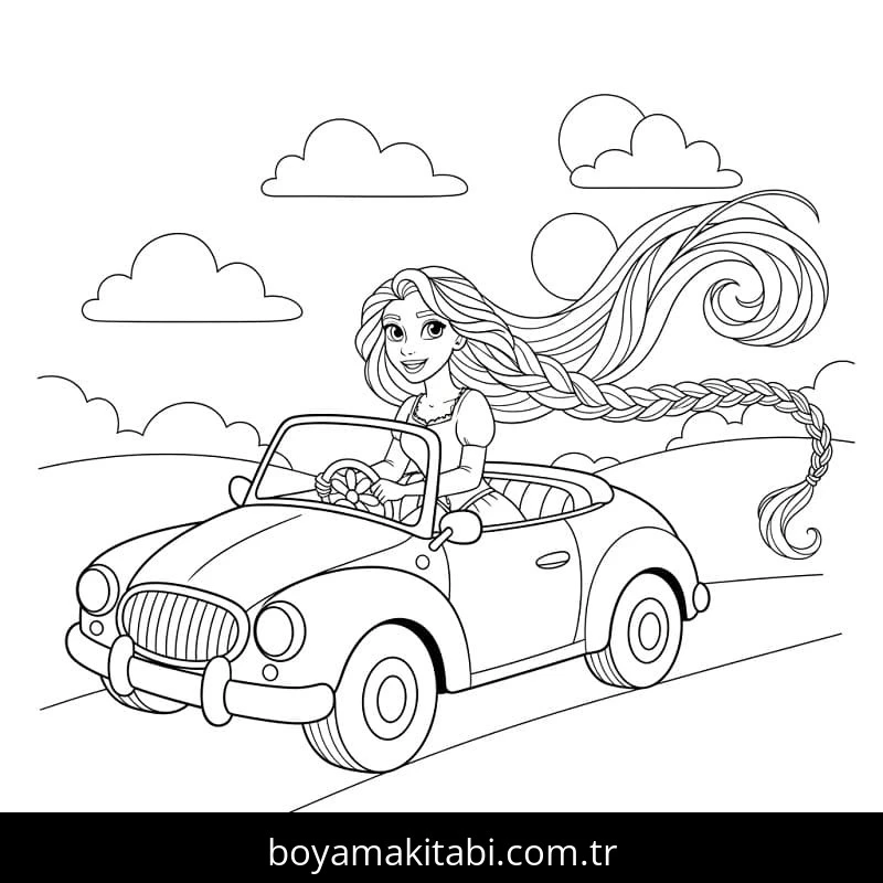 Rapunzel boyama sayfası – basit çizim, kolay boyama