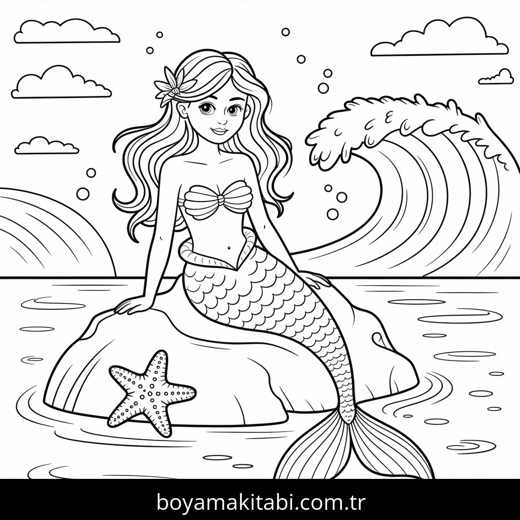 Denizkızı boyama sayfası – renkli çizimler, okul öncesi