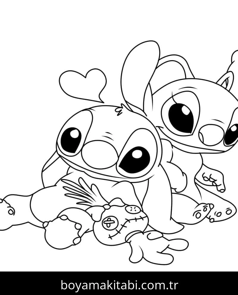 Stitch ve Angel boyama sayfası – basit çizim, kolay boyama