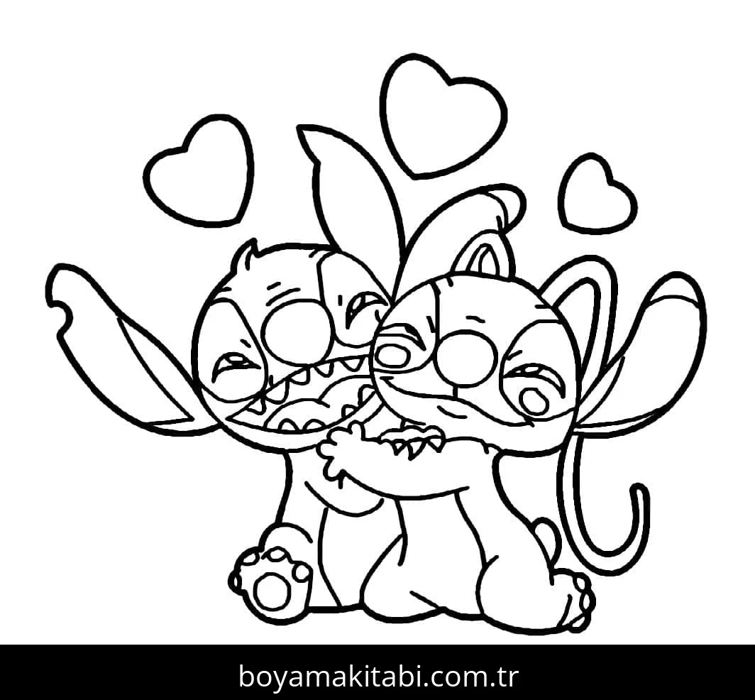 Stitch ve Angel boyama sayfası – PDF indir, sevimli karakter