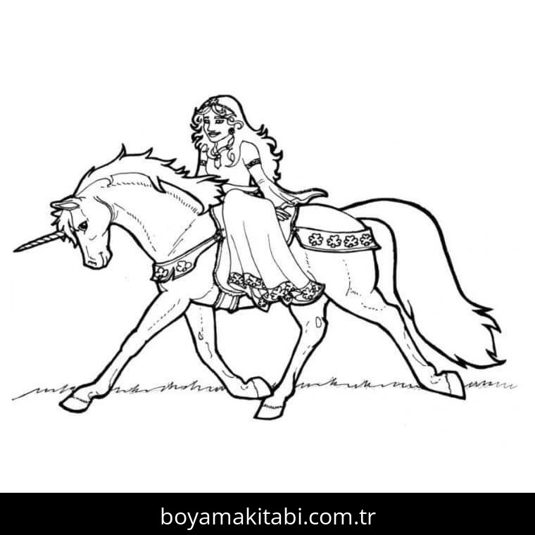 Tek Boynuzlu At boyama sayfası – sevimli karakter, sanatsal çalışma