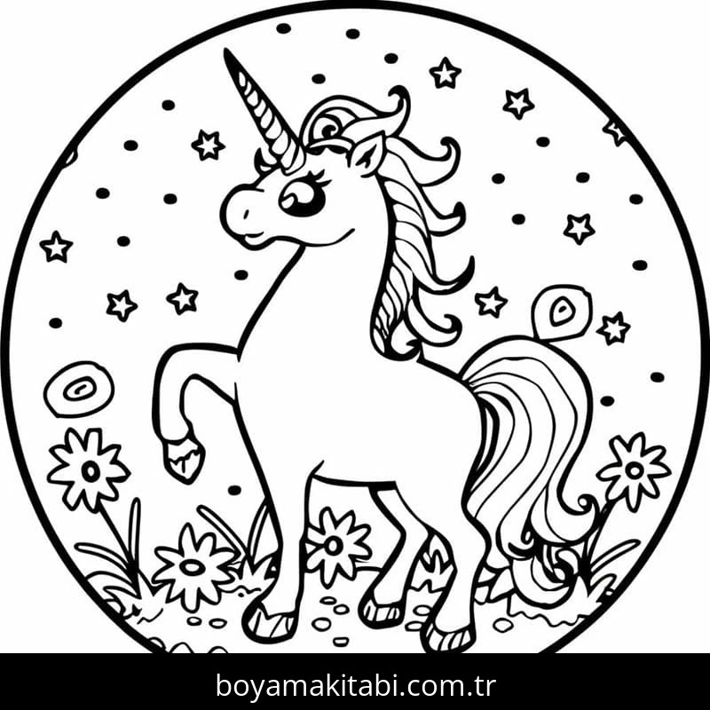 Tek Boynuzlu At boyama sayfası – kolay boyama, eğitici aktivite