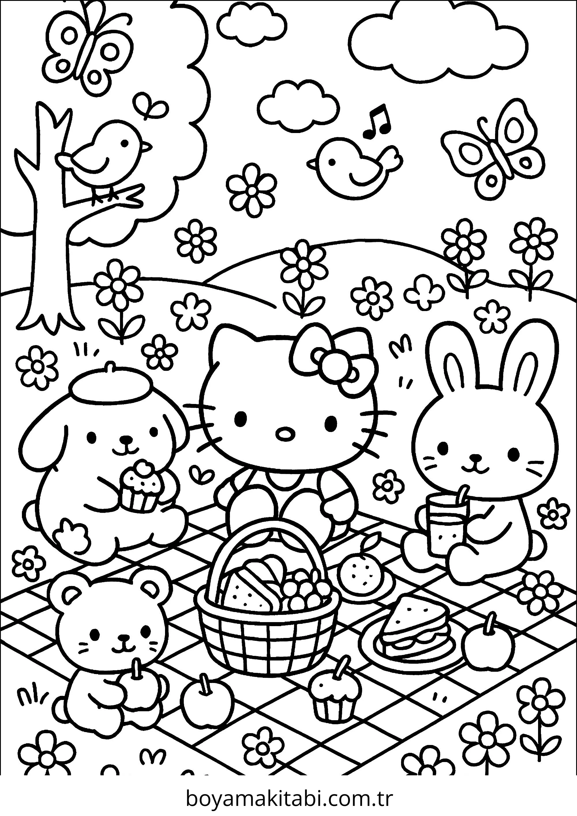 Hello Kitty boyama sayfası – sevimli karakter, sanatsal çalışma