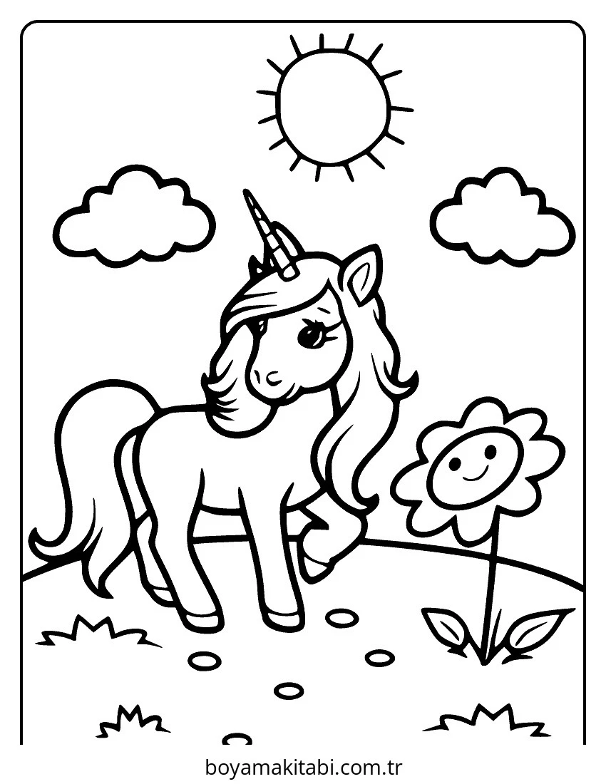 Unicorn boyama sayfası – çizgi film temalı, basit çizim