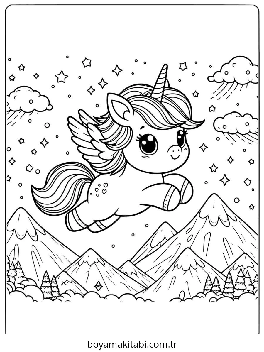 Unicorn boyama sayfası – çocuk aktivitesi, PDF indir