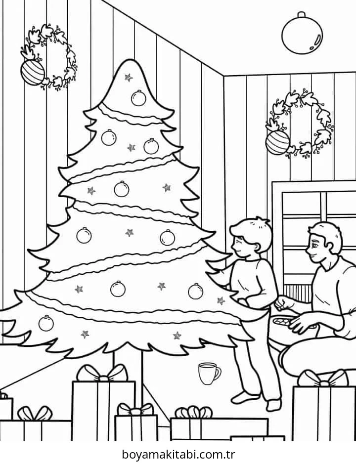 Yılbaşı Ağacı (Noel ağacı) boyama sayfası #75 – aile ile vakit geçirme, renk bilgisini öğretir
