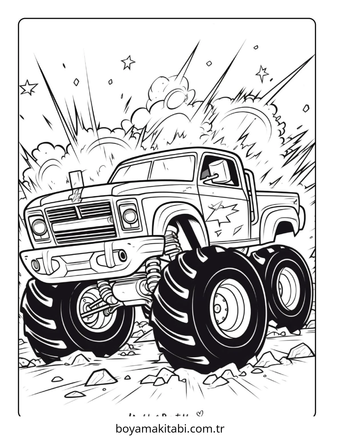Monster Truck boyama sayfası – çizgi film temalı, basit çizim