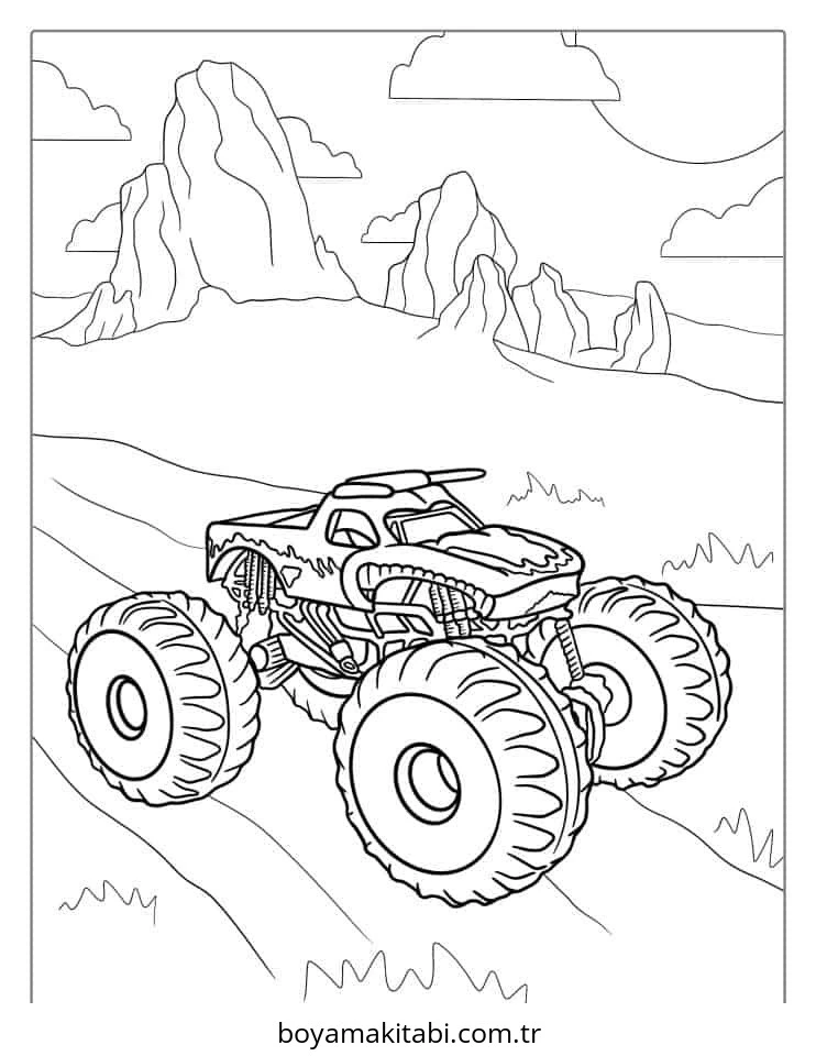 Monster Truck boyama sayfası – çocuk aktivitesi, PDF indir