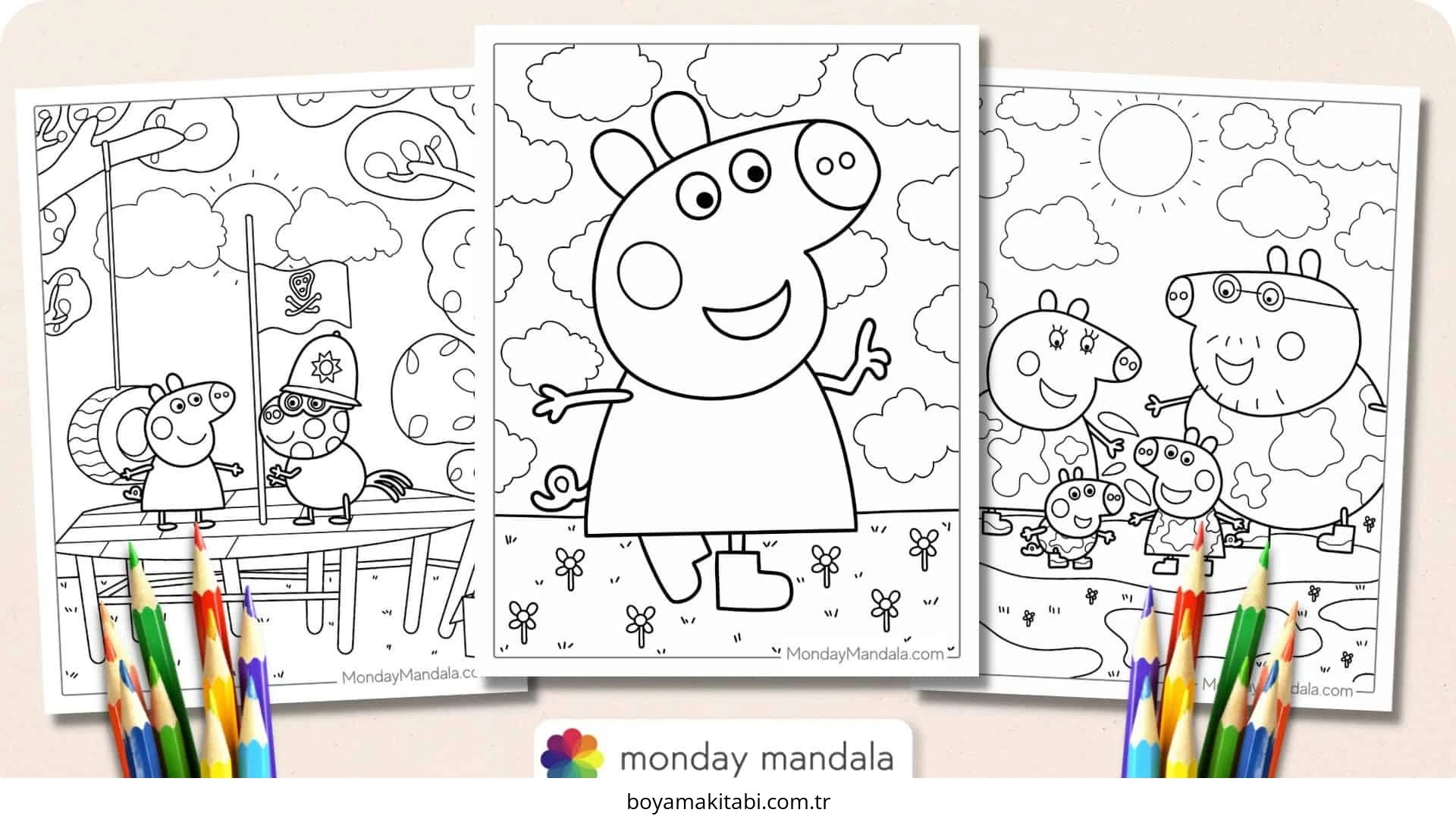 Peppa Pig boyama sayfası – çocuk aktivitesi, PDF indir
