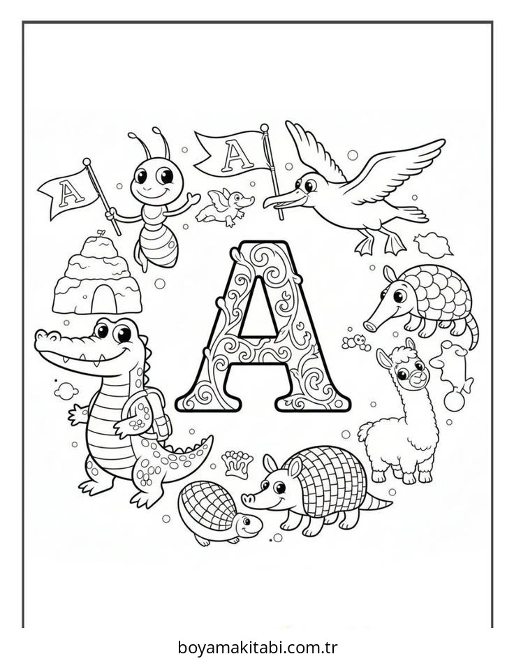 Alfabe boyama sayfası – PDF indir, sevimli karakter