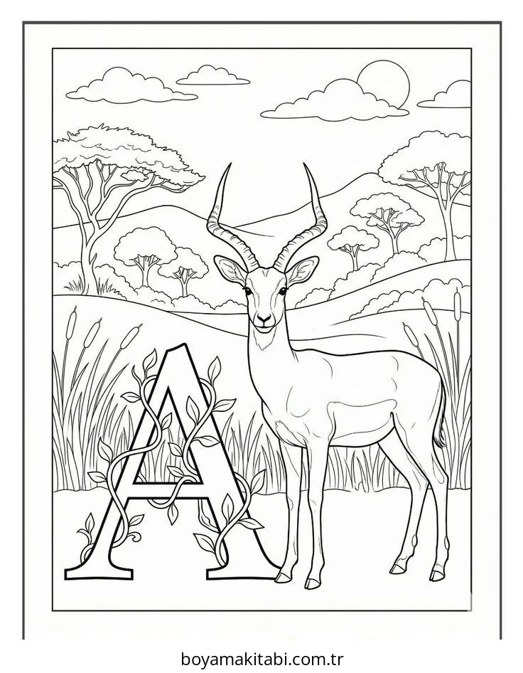 Alfabe boyama sayfası – PDF indir, sevimli karakter
