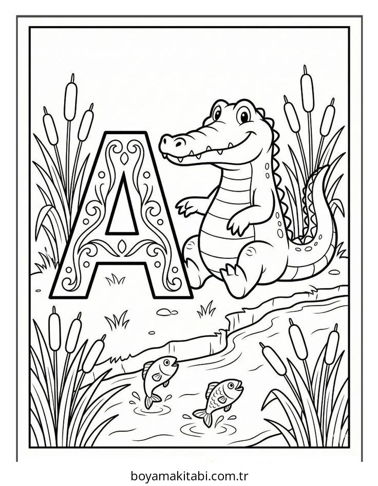 Alfabe boyama sayfası – çocuk aktivitesi, PDF indir