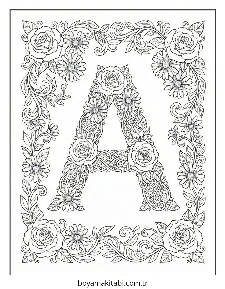 Alfabe boyama sayfası – PDF indir, sevimli karakter