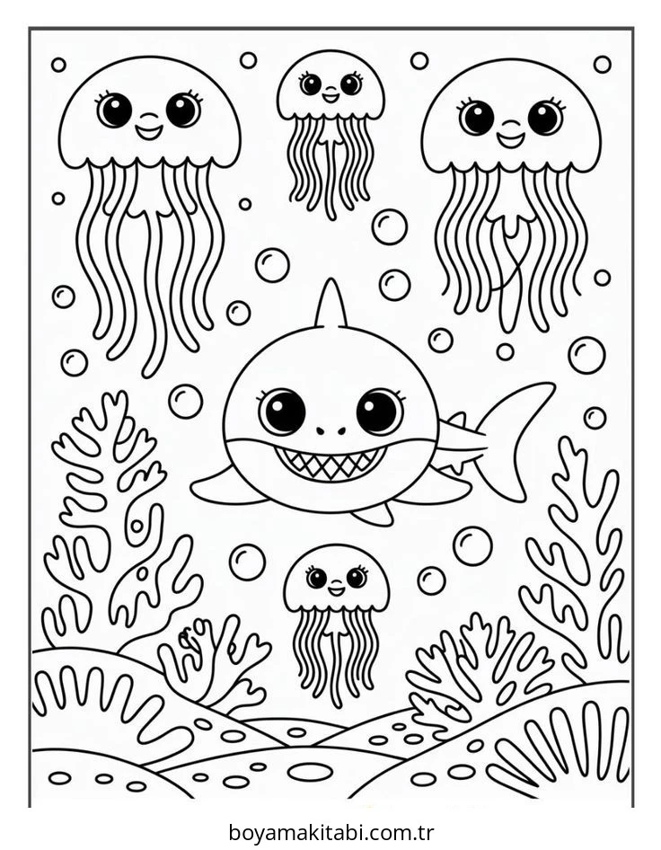 Baby Shark boyama sayfası – sevimli karakter, sanatsal çalışma
