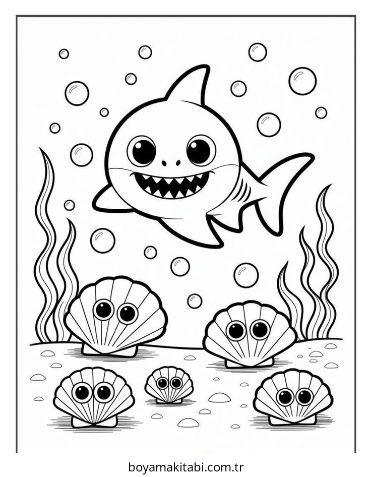 Baby Shark boyama sayfası – çizgi film temalı, basit çizim
