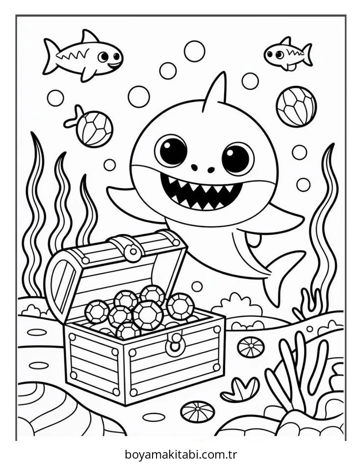 Baby Shark boyama sayfası – el becerilerini geliştirir, boyama çalışması