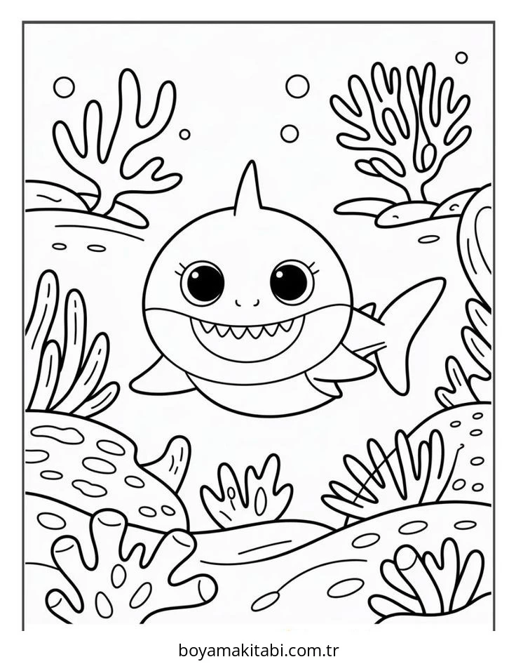 Baby Shark boyama sayfası – çocuk aktivitesi, PDF indir