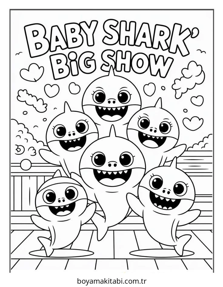 Baby Shark boyama sayfası – basit çizim, kolay boyama
