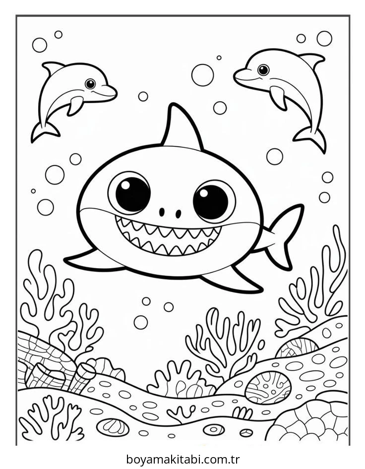 Baby Shark boyama sayfası – çizgi film temalı, basit çizim