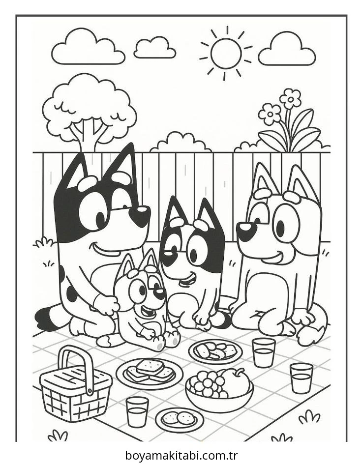 Bluey boyama sayfası – çocuk aktivitesi, PDF indir