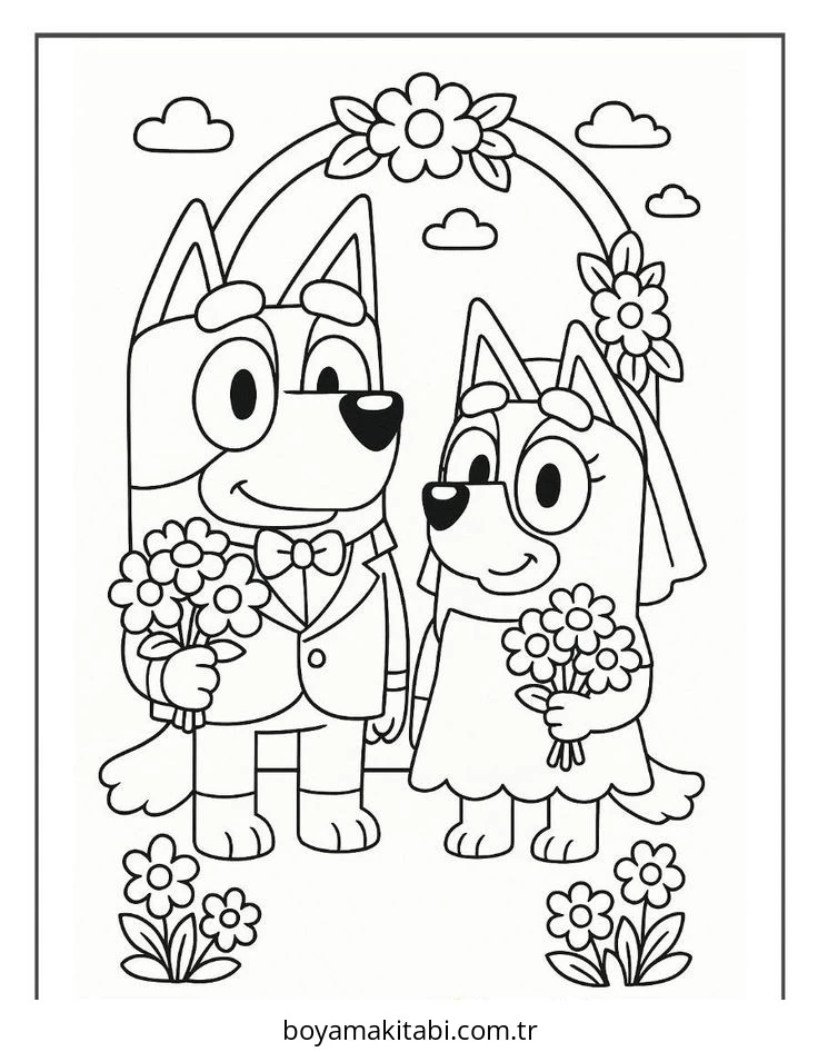 Bluey boyama sayfası – basit çizim, kolay boyama