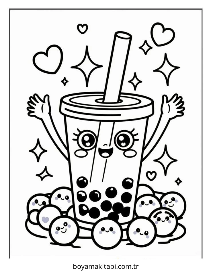 Boba Tea boyama sayfası – eğitici aktivite, yaratıcılık