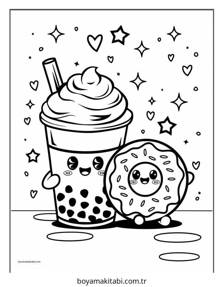 Boba Tea boyama sayfası – keyifli zaman, renkli çizimler