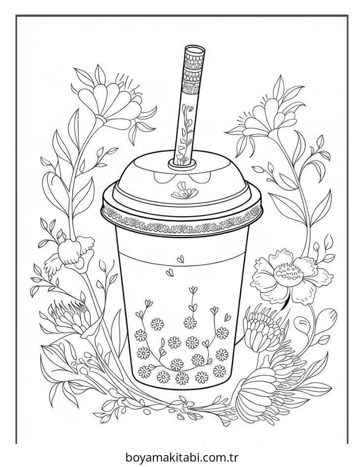 Boba Tea boyama sayfası – basit çizim, kolay boyama