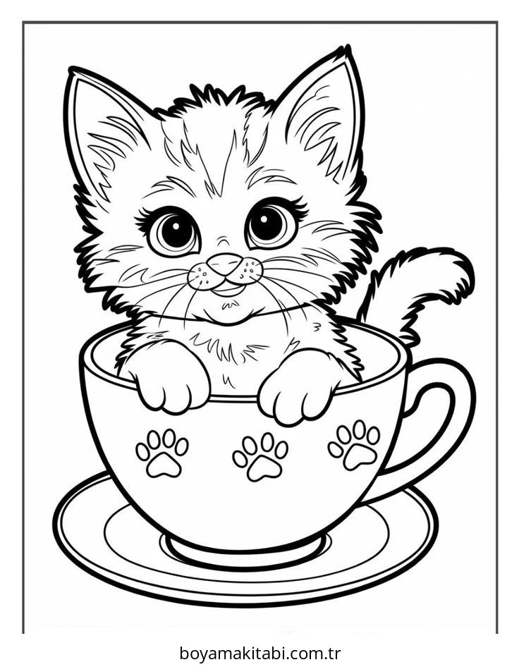 Kedi boyama sayfası #635 – basit çizim, yaz tatili etkinliği
