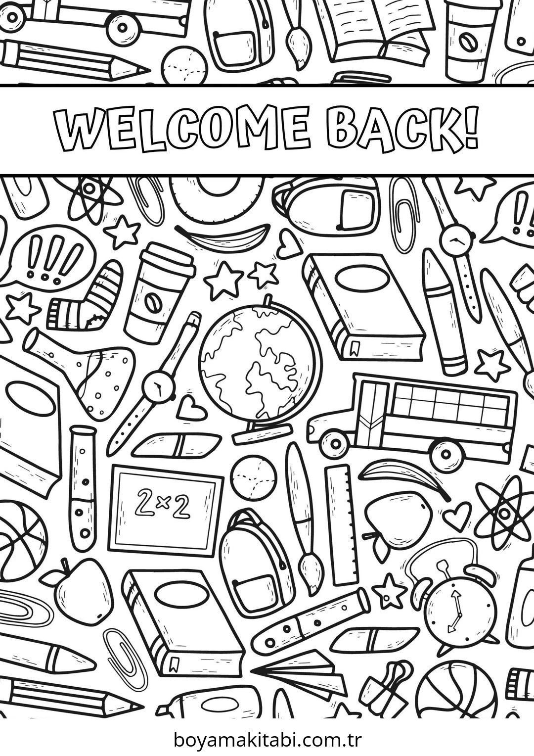 Okul boyama sayfası – çizgi film temalı, basit çizim