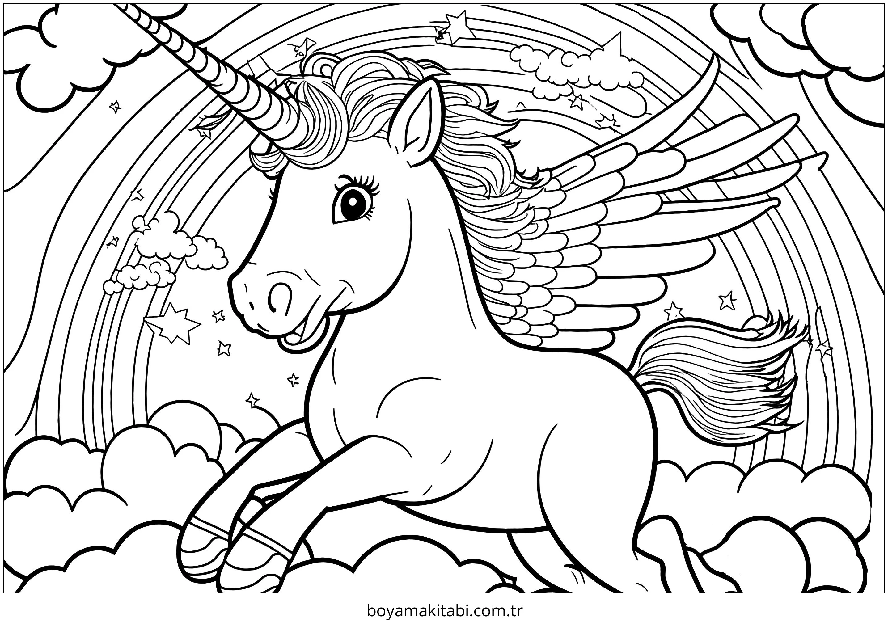 Unicorn boyama sayfası – basit çizim, kolay boyama