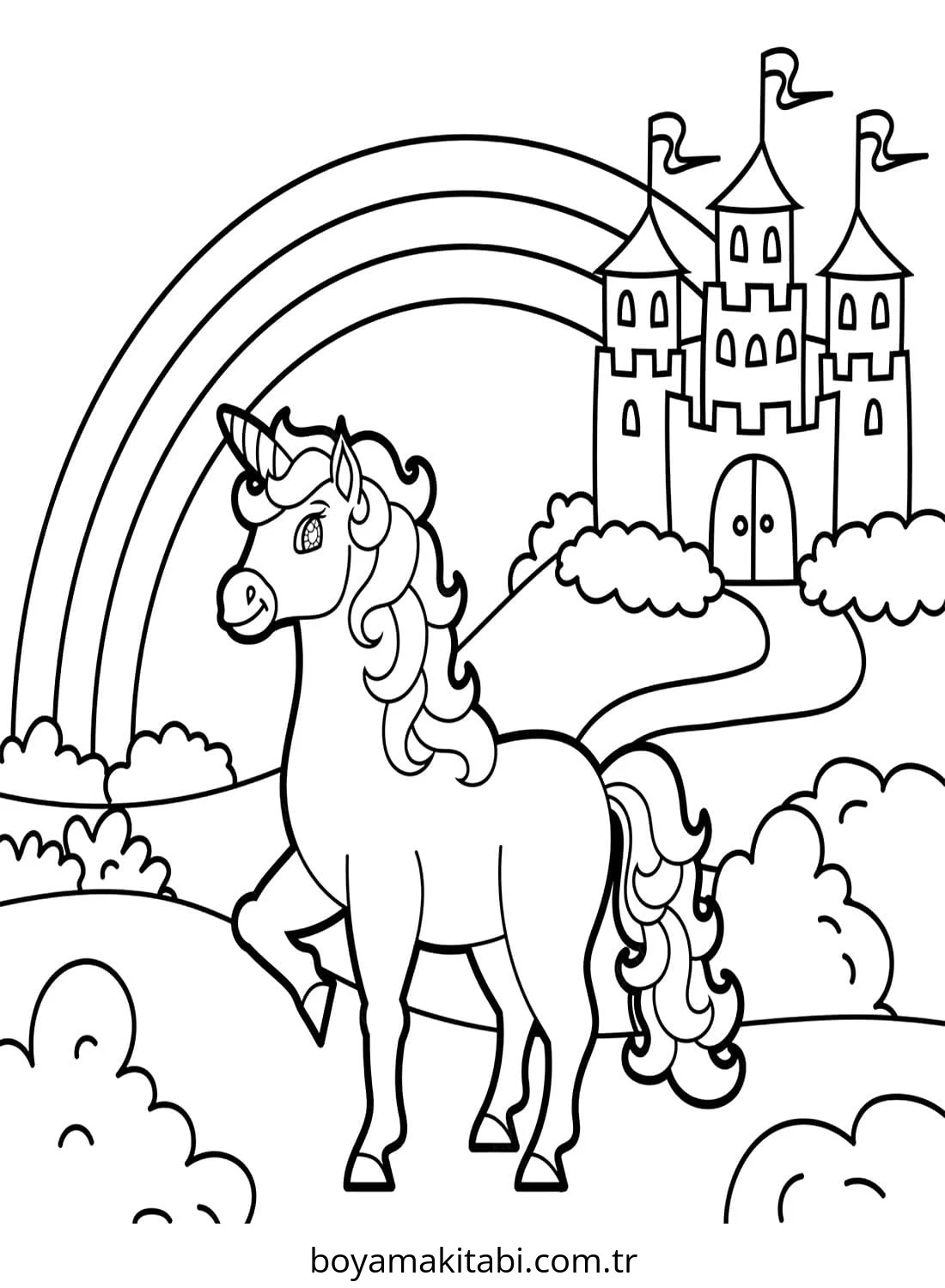 Unicorn boyama sayfası – çocuk aktivitesi, PDF indir
