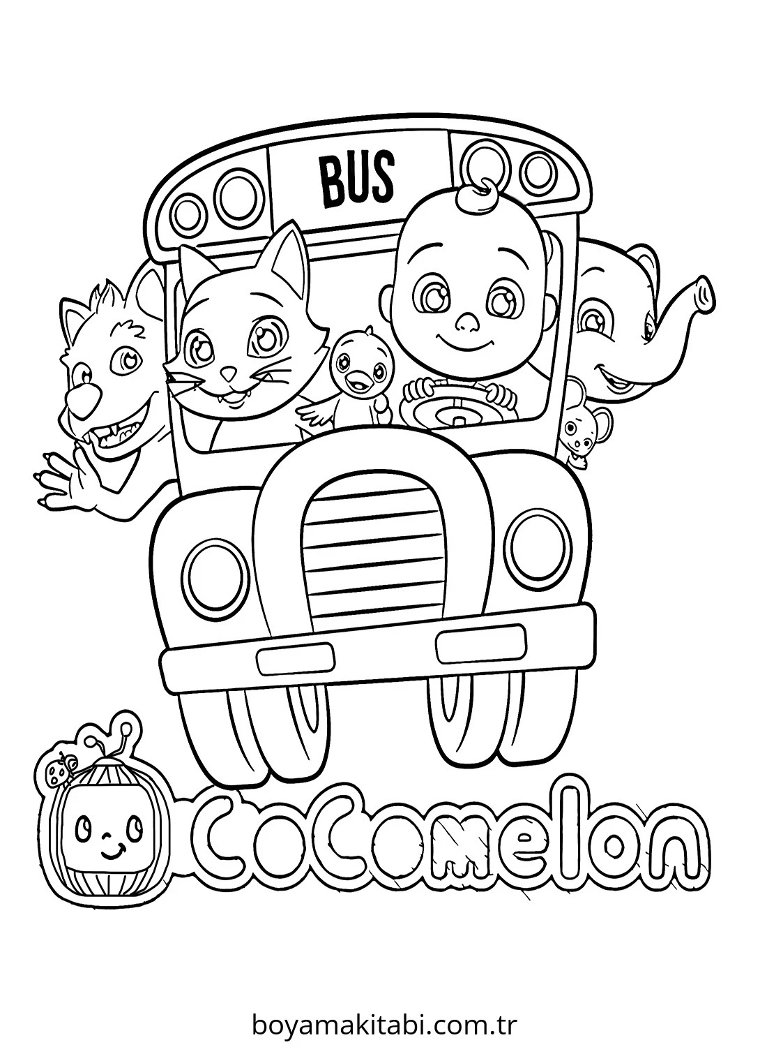 CoComelon boyama sayfası – çizgi film temalı, basit çizim