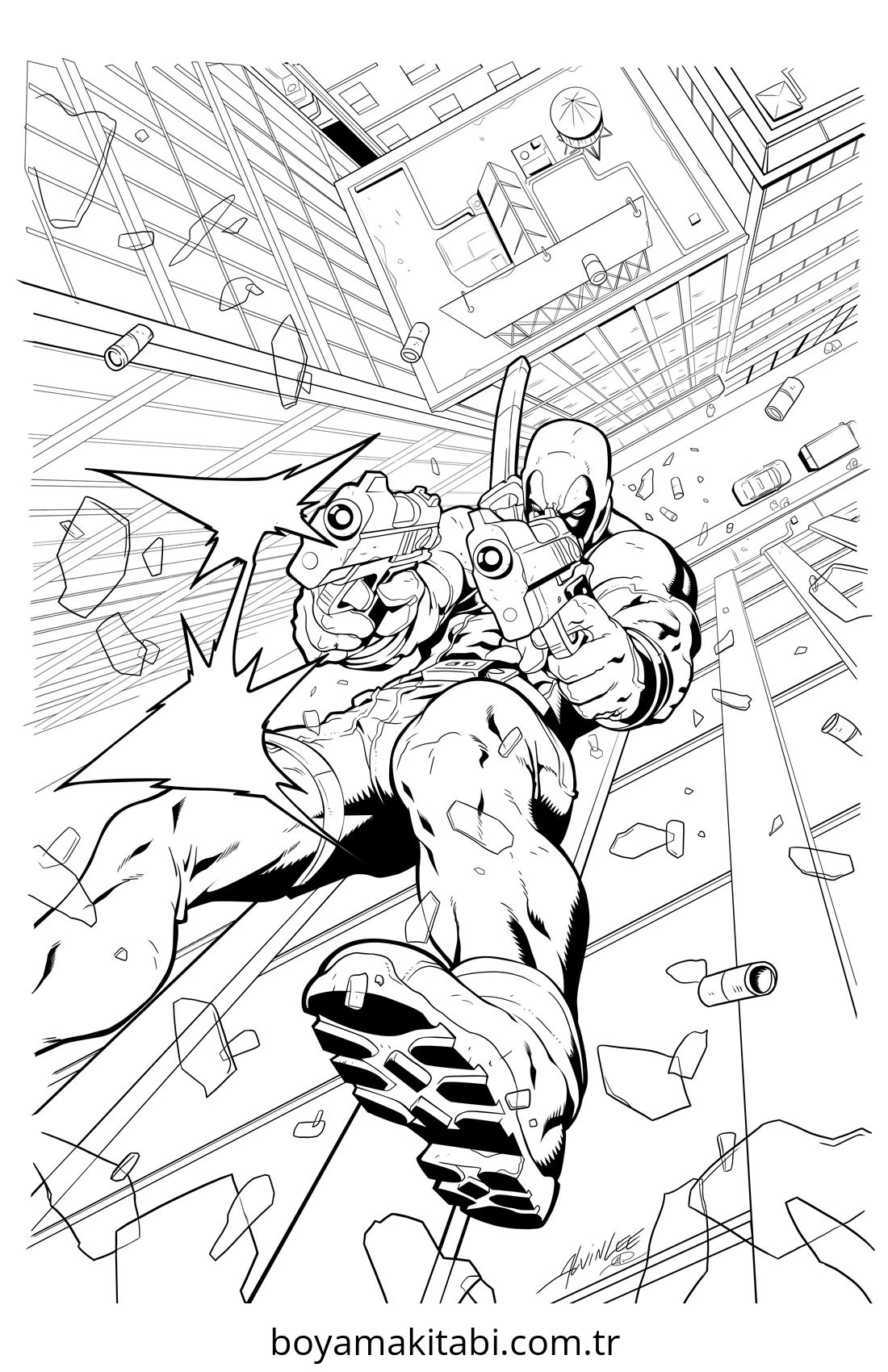 Deadpool boyama sayfası – sevimli karakter, sanatsal çalışma