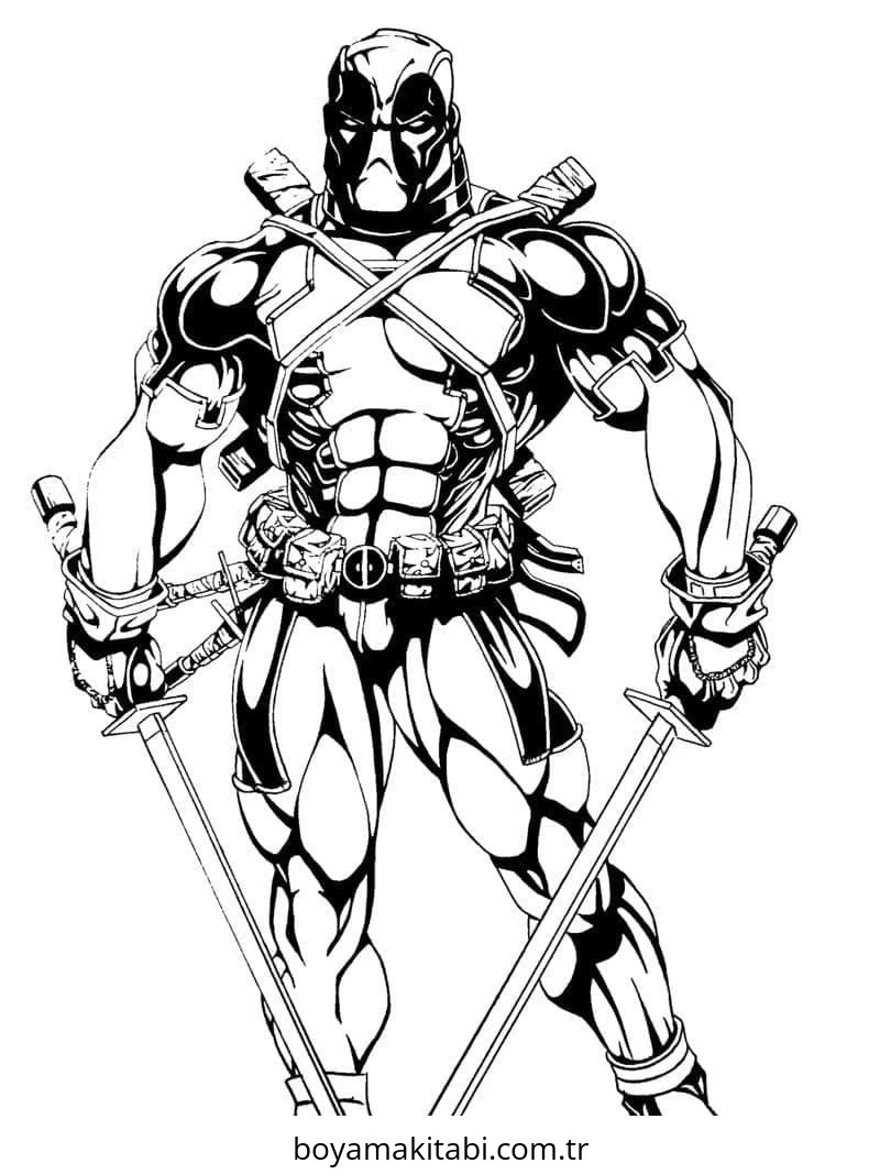 Deadpool boyama sayfası – renkli çizimler, okul öncesi