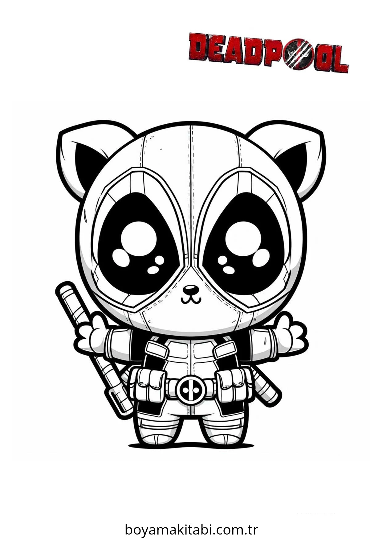 Deadpool boyama sayfası – PDF indir, sevimli karakter