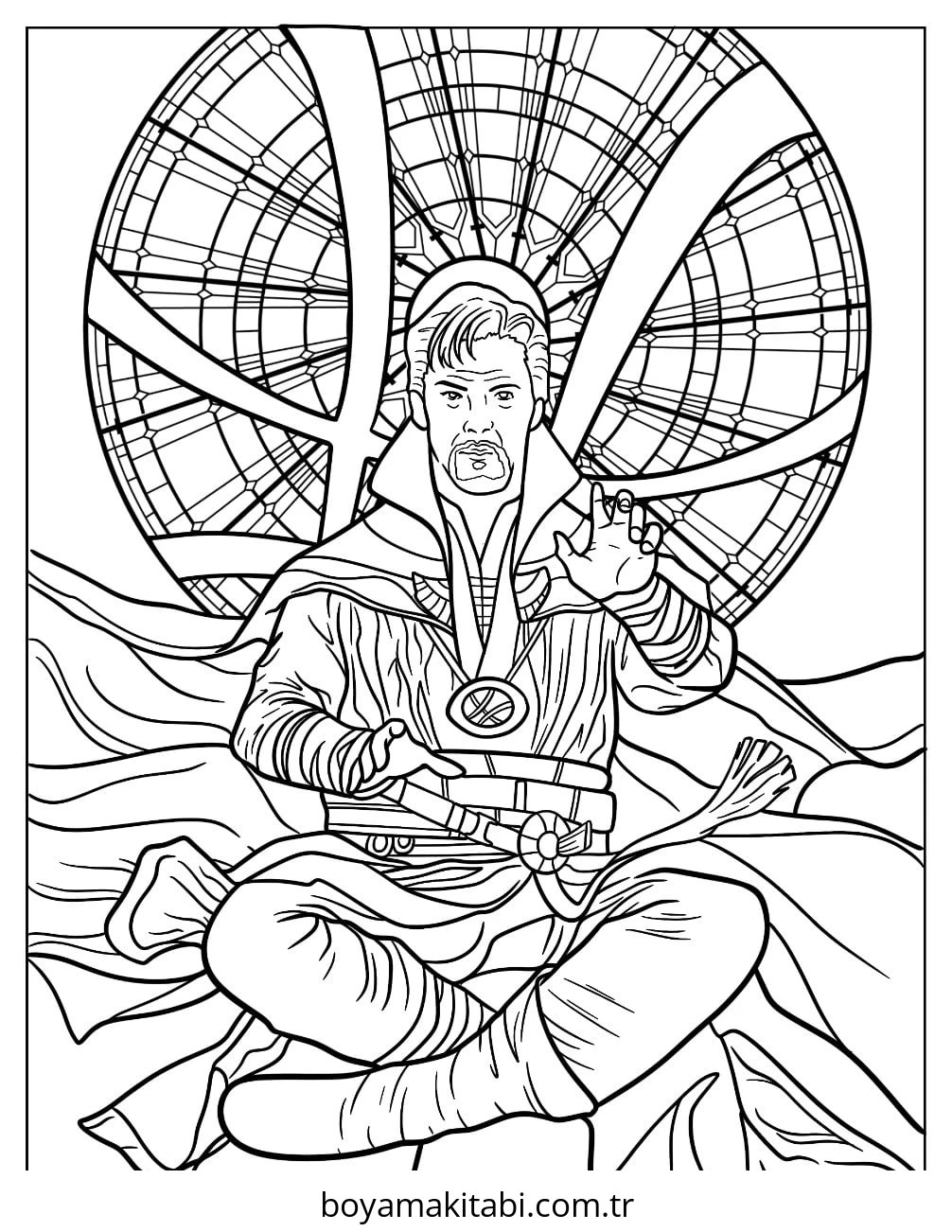 Dr. Strange boyama sayfası – sevimli karakter, sanatsal çalışma