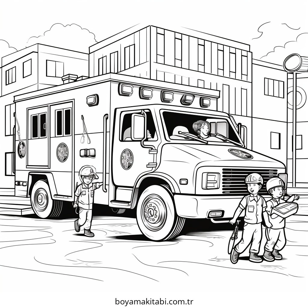 Ambulans boyama sayfası – sevimli karakter, sanatsal çalışma