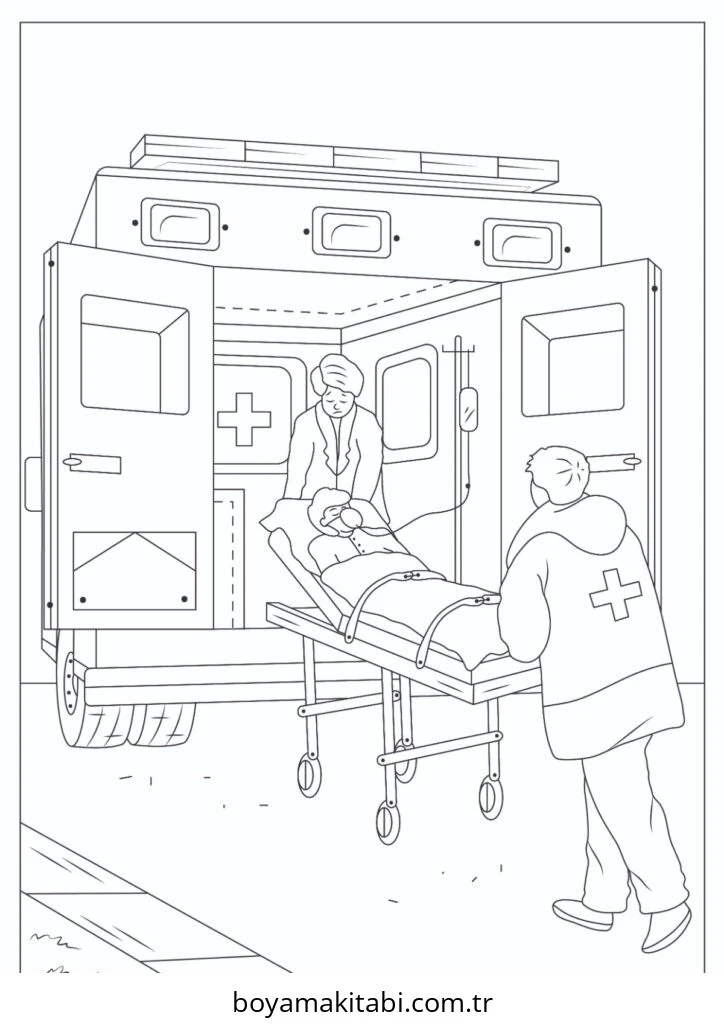 Ambulans boyama sayfası – PDF indir, sevimli karakter