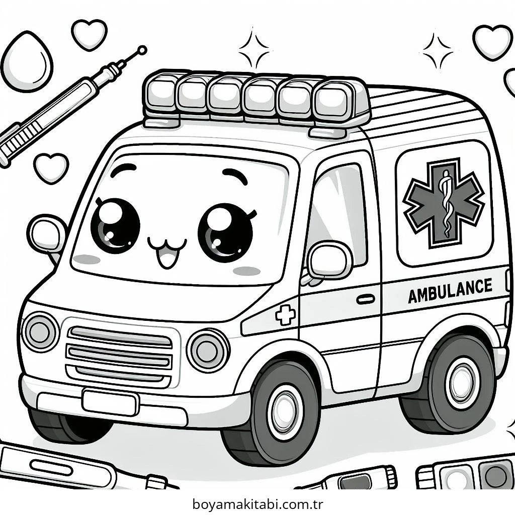 Ambulans boyama sayfası – PDF indir, sevimli karakter