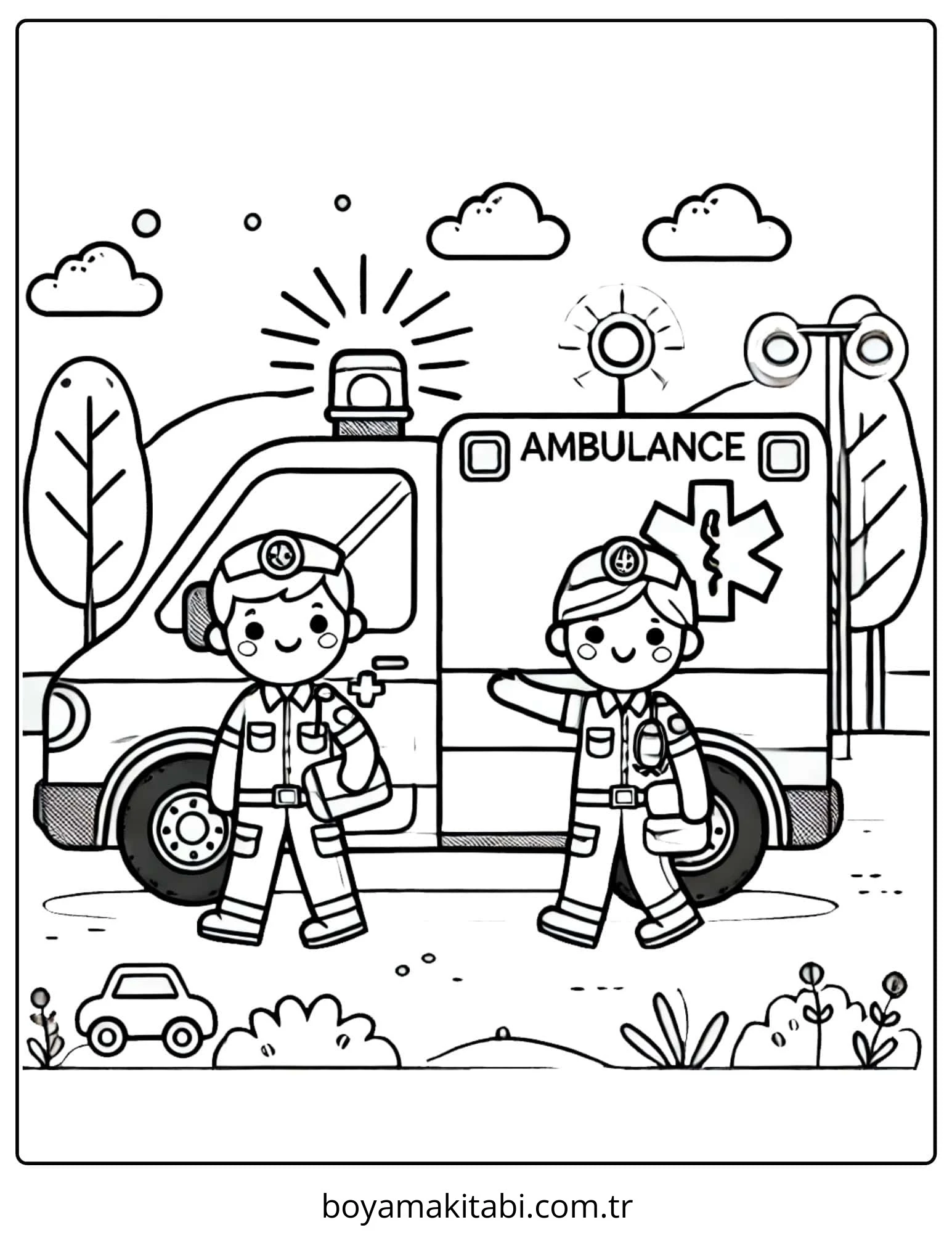 Ambulans boyama sayfası – kolay boyama, eğitici aktivite