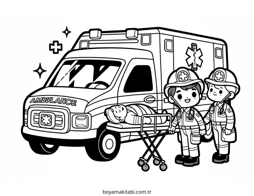 Ambulans boyama sayfası – eğlenceli etkinlik, el becerilerini geliştirir