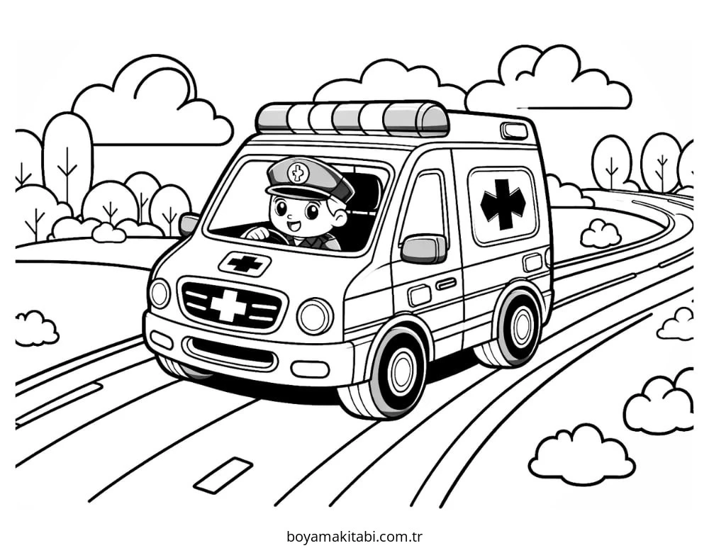 Ambulans boyama sayfası – yaratıcılığı geliştirir, keyifli zaman