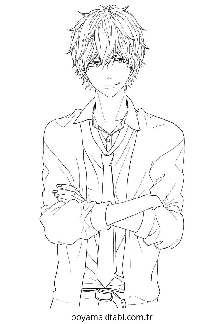Anime Boy boyama sayfası – sevimli karakter, sanatsal çalışma
