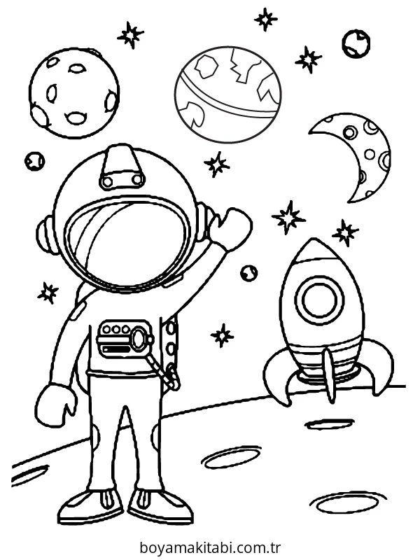 Astronot boyama sayfası – çocuk aktivitesi, PDF indir