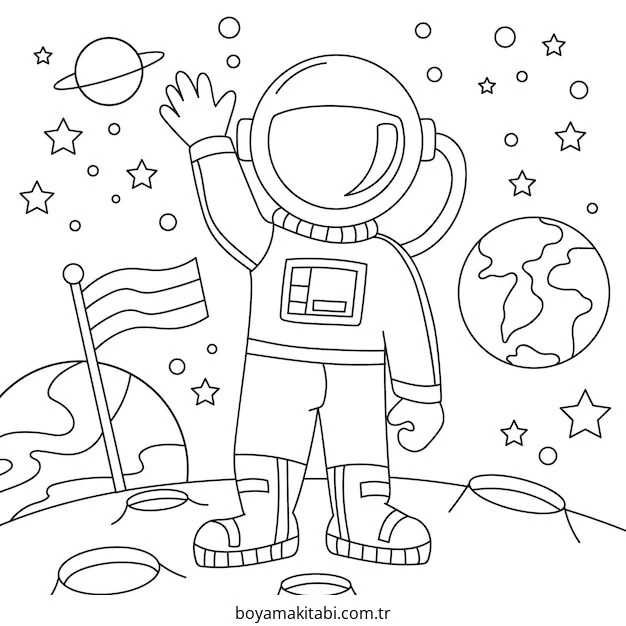 Astronot boyama sayfası – PDF indir, sevimli karakter