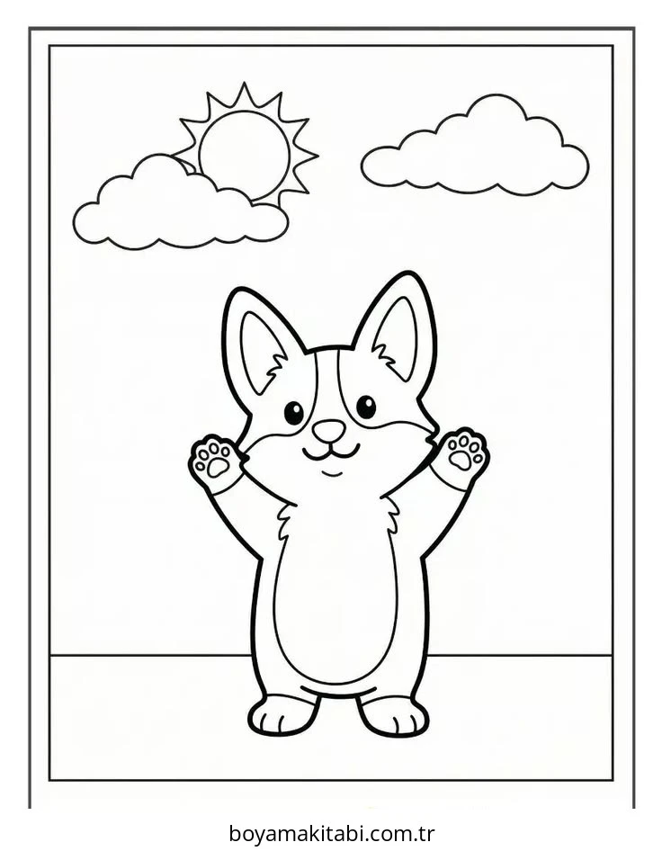 Corgi boyama sayfası – çocuk aktivitesi, PDF indir